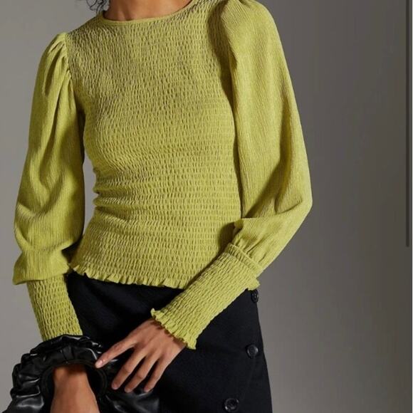 Anthropologie smocked puff sleeve leaf green Top size Small - Picture 1 of 10